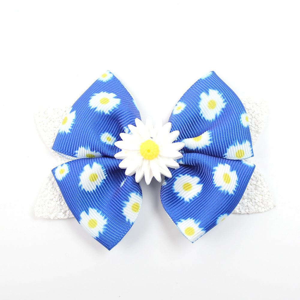 Wholesale 5pcs Shiny Boutique Bow Daisy Sunflower Print Hair Clip